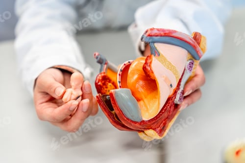 Preview: Doctor showing anatomical model of female reproductive system and fetus