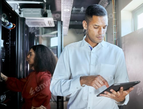 Preview: Management, server room and tablet with business people in data center for cloud computing, cyberse