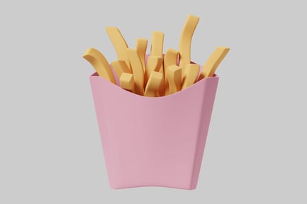 Preview: Pink container filled with French fries.
