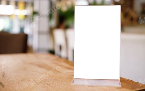 Preview: Menu frame standing on wood table in Bar restaurant cafe. space for text marketing promotion.