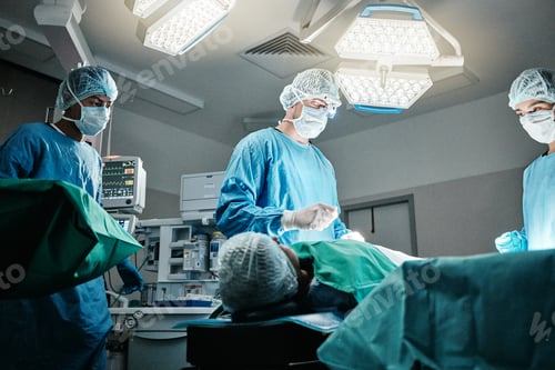 Preview: Doctor, surgery and employees in hospital, theater and emergency room busy in medical career. Peopl