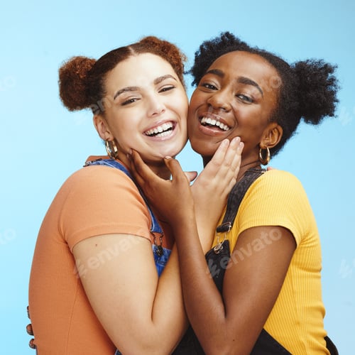 Preview: Friends, hug and portrait smile for happy friendship, lesbian or relationship against a blue studio