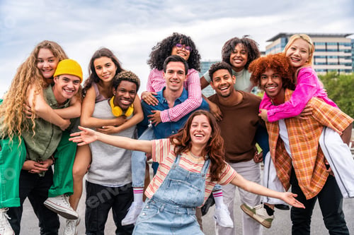 Preview: Happy playful multiethnic group of young friends bonding outdoors