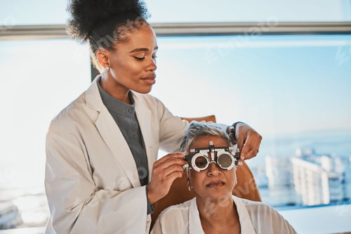 Preview: Senior black woman, eye exam and medical test of elderly client at doctor consultation. Vision, hea