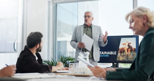 Preview: Presentation, documents and businessman in office with team for sustainable farming corporation. Di