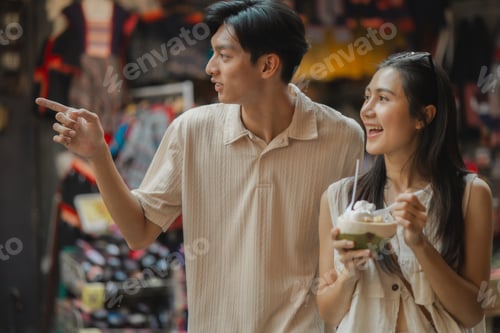 Preview: the young lovely couple is walking around traditional food market under the sun, love is showing fro