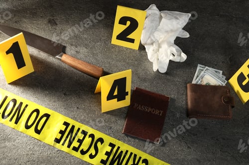 Preview: Forensic expert. Yellow crime scene tape, markers and evidences on grey table, above view