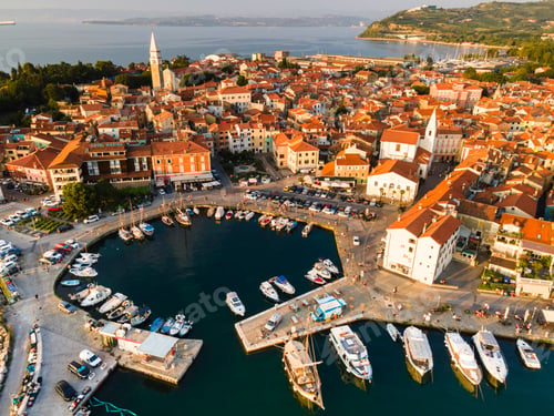 Preview: Izola at Adriatic Sea Istria in Slovenia. Drone View of Town and Harbour