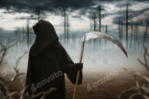 Preview: Death with a scythe in the dark misty forest