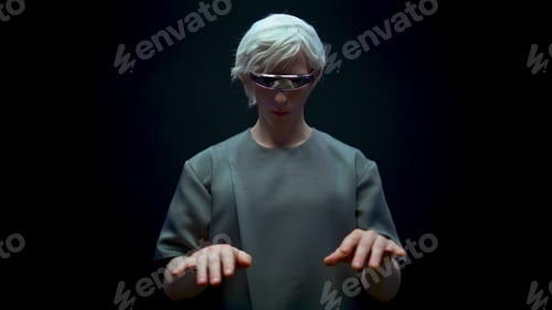 Preview: Cyber man working augmented reality in vr glasses closeup. Futuristic guy typing