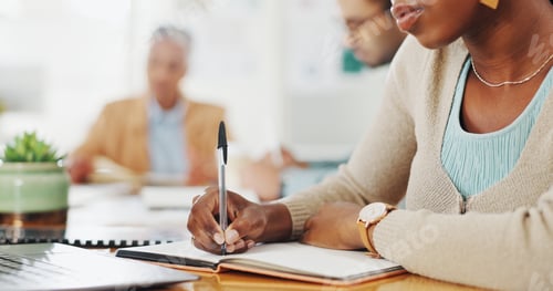 Preview: Book, hands or business woman writing in office with agreement for planning, research or listening