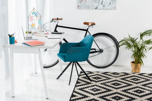 Preview: Cozy home office with furniture, big plant and bicycle