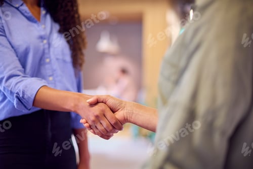 Preview: Close Up Of Two Businesswomen Meeting And Shaking Hands In Modern Open Plan Office