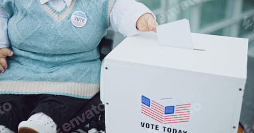 Preview: Person, with a disability and wheelchair or vote election or president cast, poll station on human