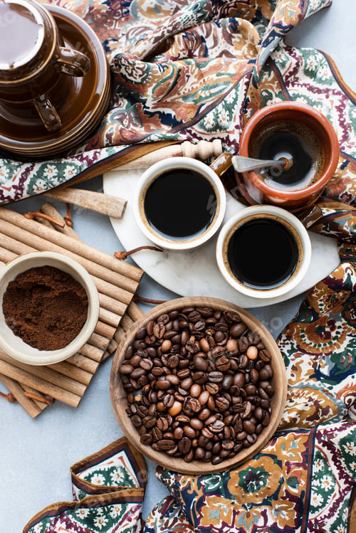 Preview: A cozy coffee setup with a vibrant textile backdrop