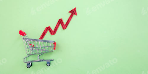 Preview: Groceries price up, food rising cost. Shopping cart and red arrow up