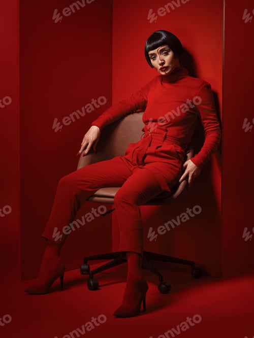 Preview: Chair, fashion and a model woman on red background in studio for elegant, chic or trendy style. Aes