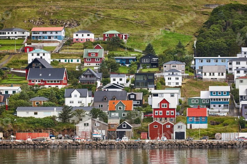 Preview: Traditional faroese village in Suduroy island. Fjord landscape. Tvoroyri town