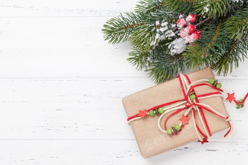 Preview: Christmas card with gift box and fir tree branch