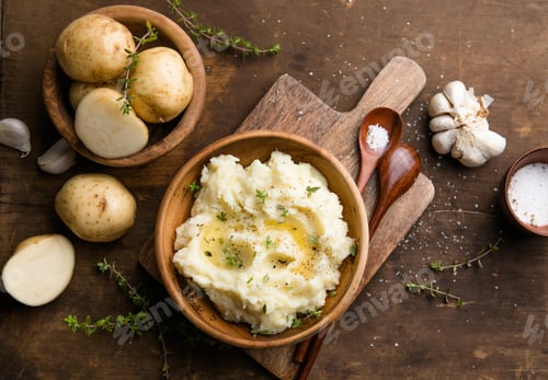 Vista previa: Vista desde arriba de puré de patatas con patatas crudas y especias
