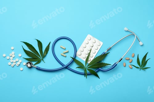 Preview: Medicinal cannabis concept on blue background, top view