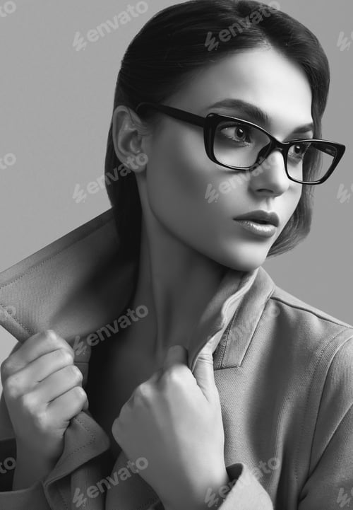 Preview: Portrait Of Young Beautiful Hipster Woman In Fashionable Coat And Eyeglasses Posing On Dark Grey