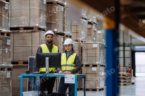 Preview: Warehouse manager talking with logistics employee in warehouse, planning transport of products
