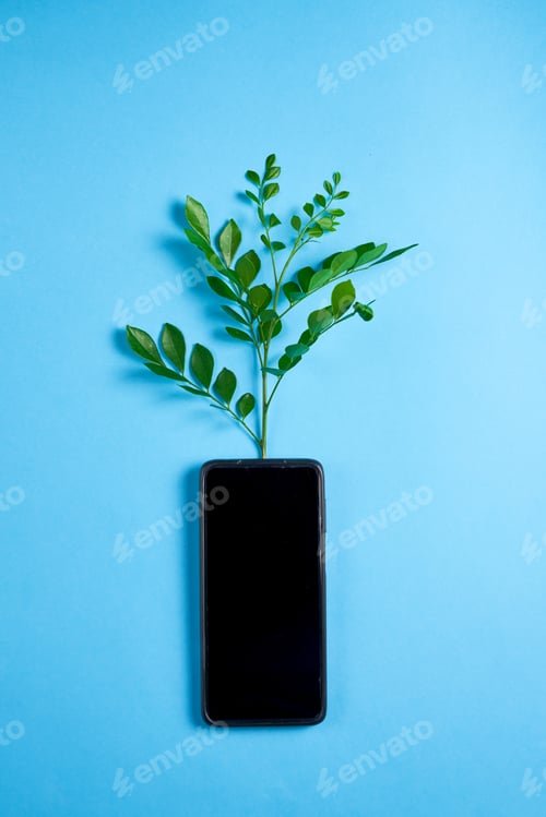 Preview: Smartphone with plant growing on it. Carbon efficient technology. Digital sustainability