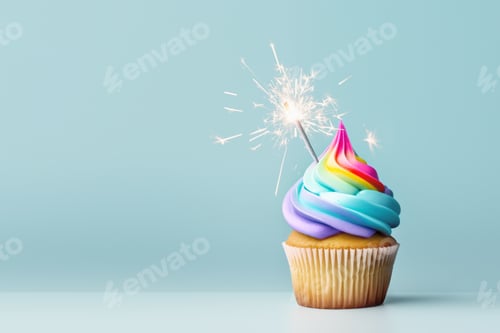 Preview: Birthday rainbow cupcake with celebration sparkler