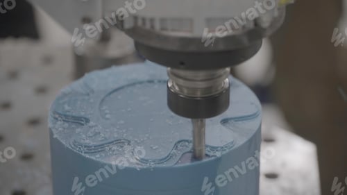Preview: Industrial milling machine at work with blue wax candle blank. Scene. Close up of milling machine