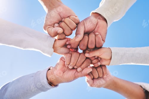 Preview: Hands in circle, blue sky and diversity for community in collaboration for global support and succe
