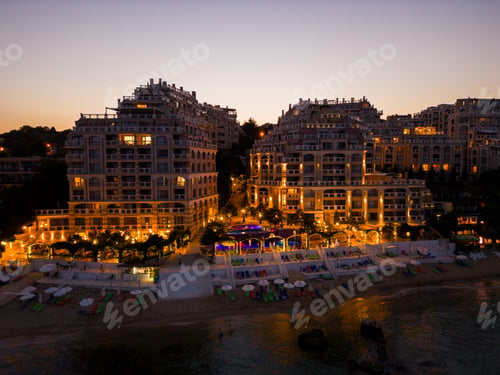 Preview: At night, a drone unveils a luxurious seaside hotel on Bulgaria's coast. Lights craft a magical