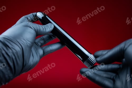 Preview: hands in black gloves holding a bullet-shaped vibrator in black for bdsm games