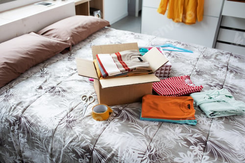 Preview: T-shirts and delivery box on the bed