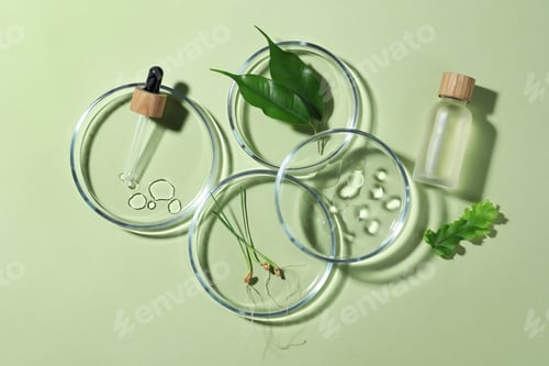 Preview: Flat lay composition with Petri dishes and plants on pale light green background