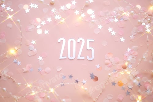 Preview: New Year 2025 pink background. Number of the coming year in Christmas decoration.