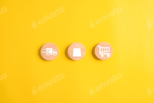 Preview: Wooden cubes with shopping baskets and online shopping icons