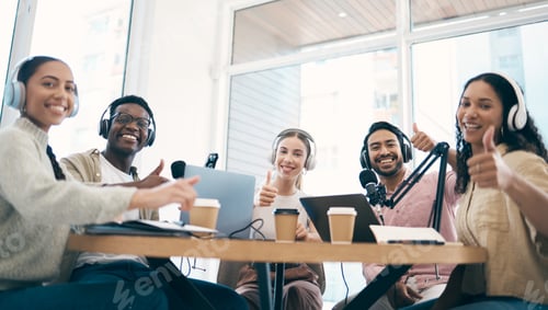 Preview: Men, women and group with laptop, podcast and thumbs up in portrait for success, review or opinion.
