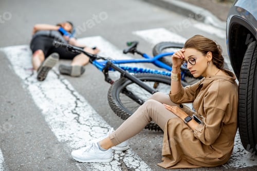 Preview: Sad woman driver and injured man after the road accident