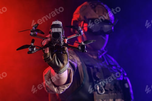 Preview: A soldier is depicted holding a drone while wearing stealth gear for military operations