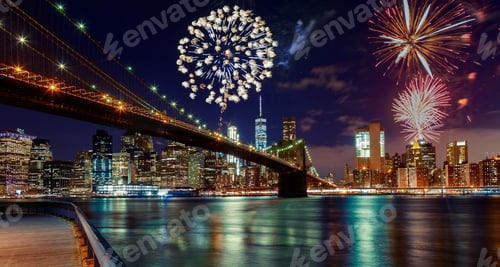 Preview: Fireworks over Manhattan, New York City skyline and Brooklyn Bridge