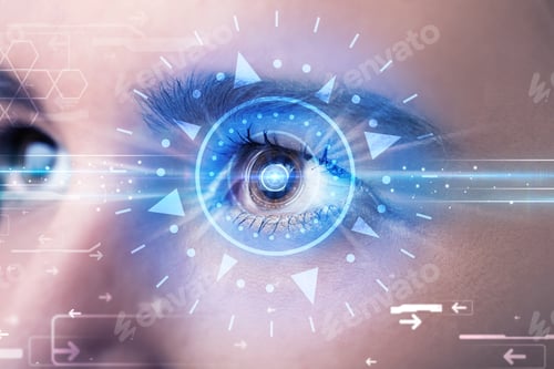 Preview: Modern Cyber Girl With Technolgy Eye Looking Into Blue Iris