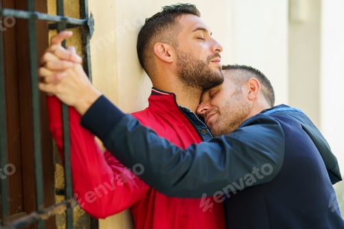 Preview: Gay couple hugging in a romantic moment outdoors
