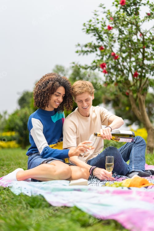 Preview: Couple celebrating with champagne on a picnic