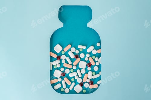 Preview: Bottle with different pills on blue background. Background for medical concept. Top view.