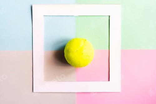 Preview: creative flat lay with tennis bal isolated in white frame on color background mock up, creative idea