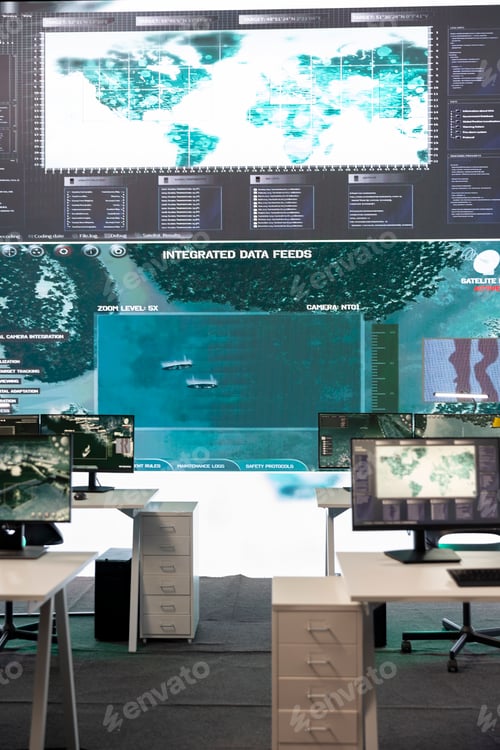 Preview: Empty military headquarters with big screen for reconnaissance and surveillance