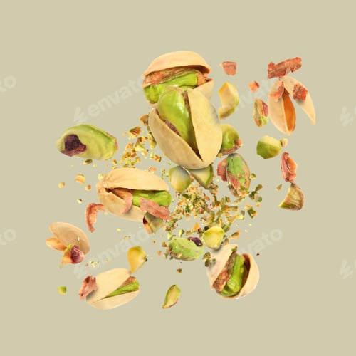 Preview: Tasty pistachios with cracked nut shells in air on light grey background