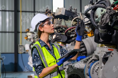Preview: Female business owner engineer managing and checking work at factory