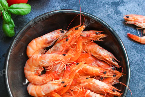 Preview: Shrimp Prawn Ready To Eat Boiled Seafood Menu Concept Serving Size. Food Background Top View Copy